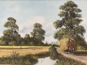 Royce Harmer, framed oil on canvas of a hay cart