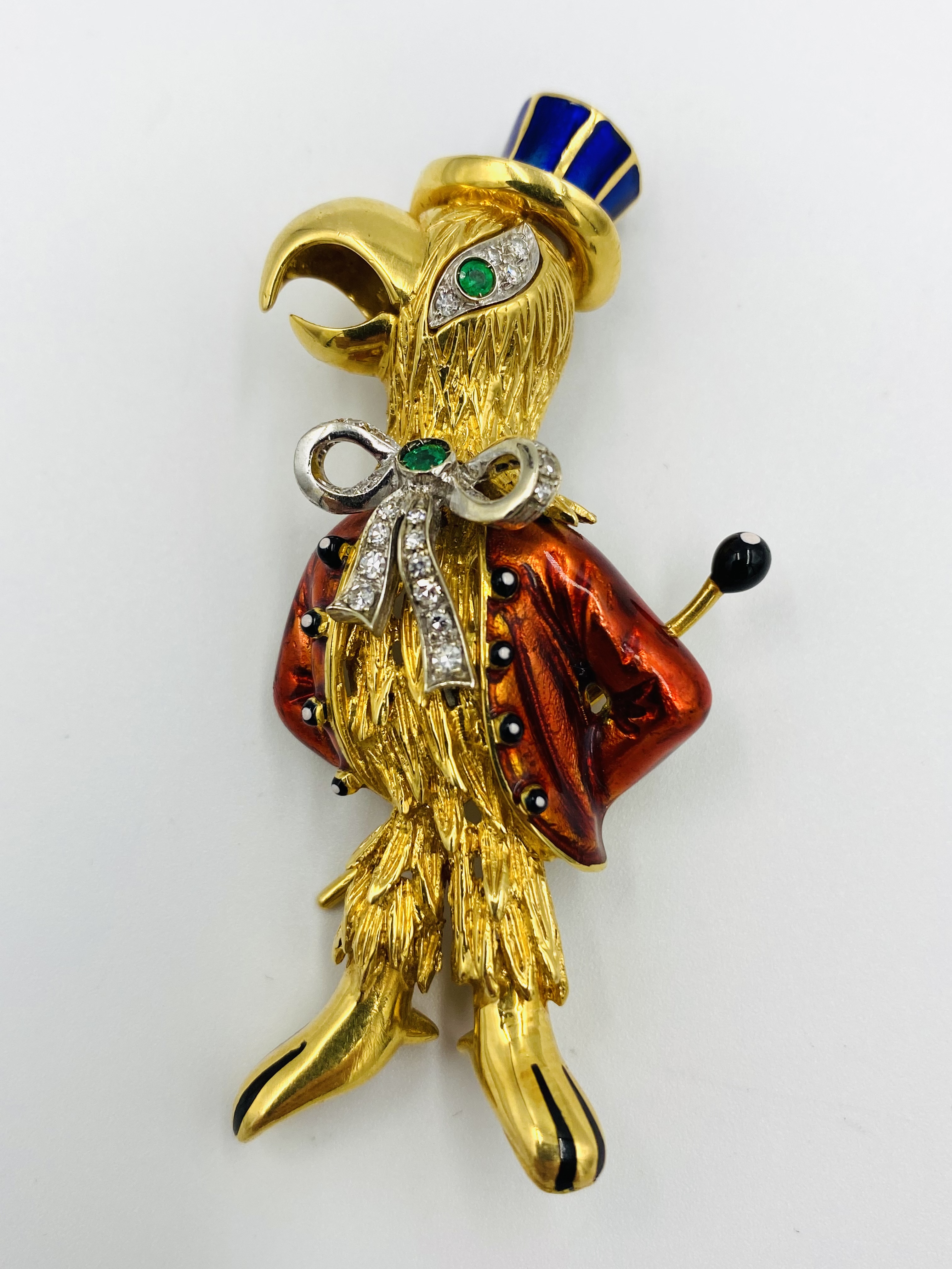 18ct gold, diamond, emerald and enamel bird brooch - Image 5 of 5
