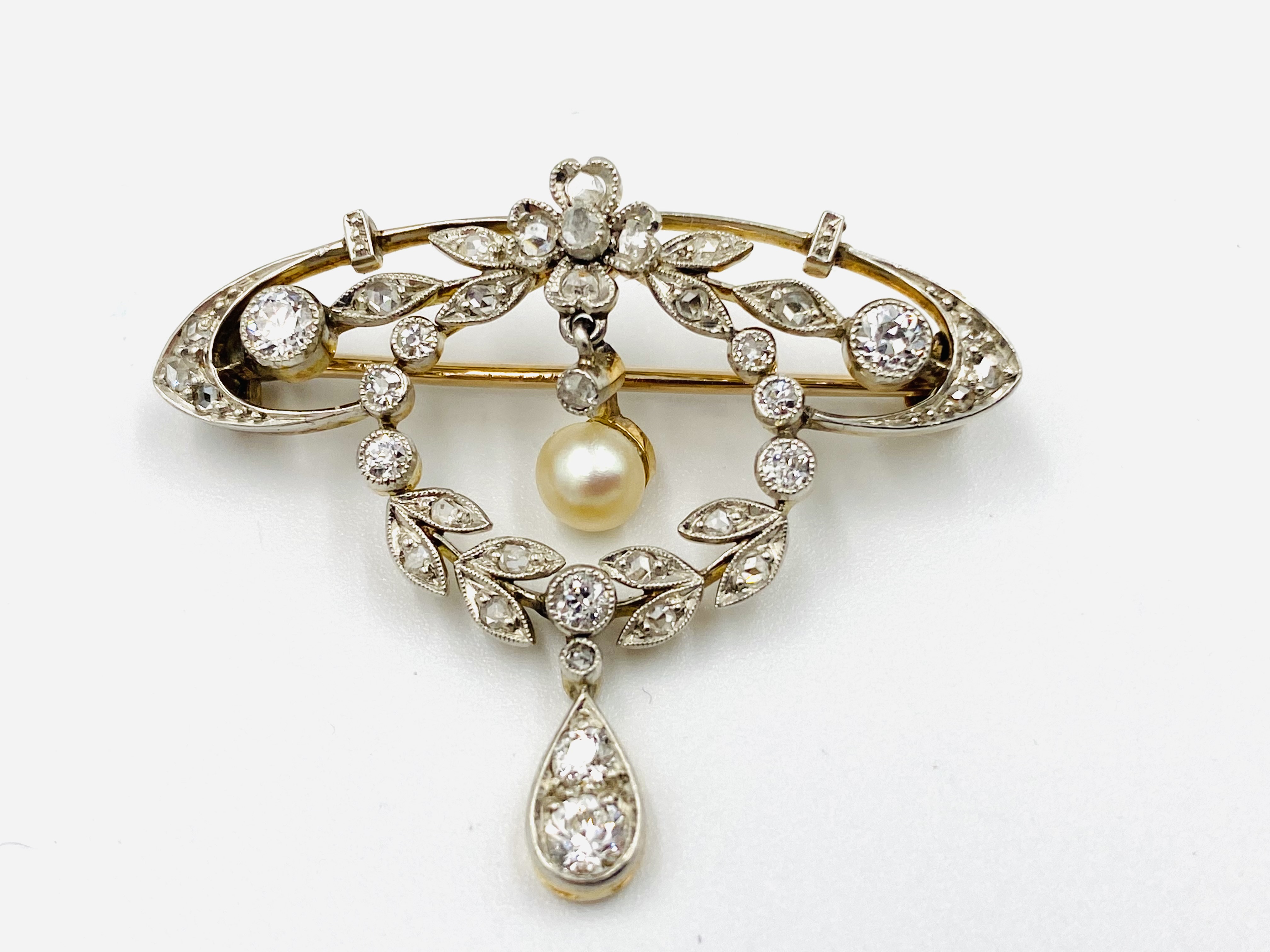 Early 20th century diamond brooch with pearl drop