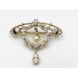 Early 20th century diamond brooch with pearl drop