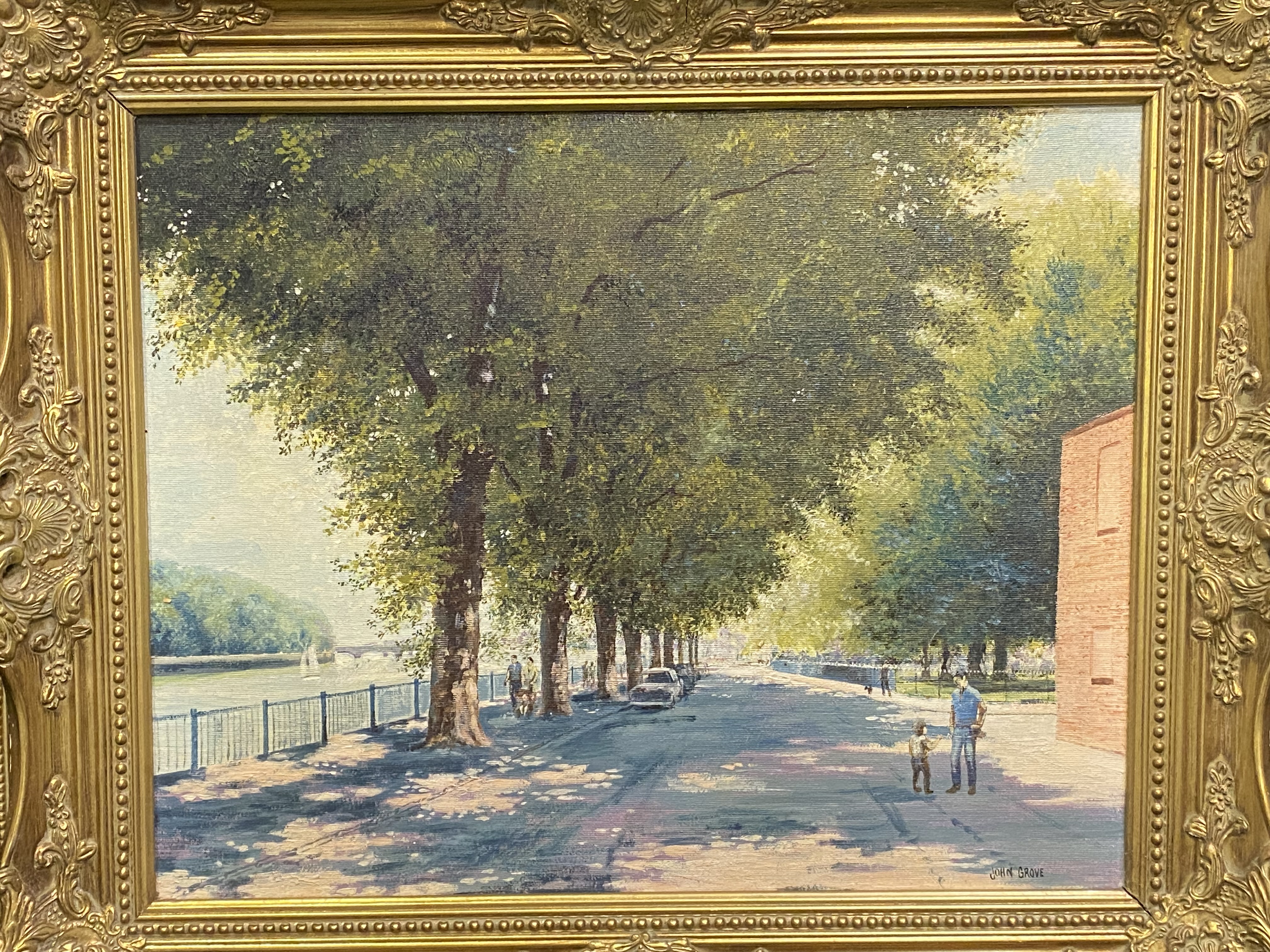 John Grove, framed oil on canvas of a city river embankment - Image 3 of 3