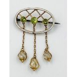 9ct gold and enamel brooch with three pearl drops