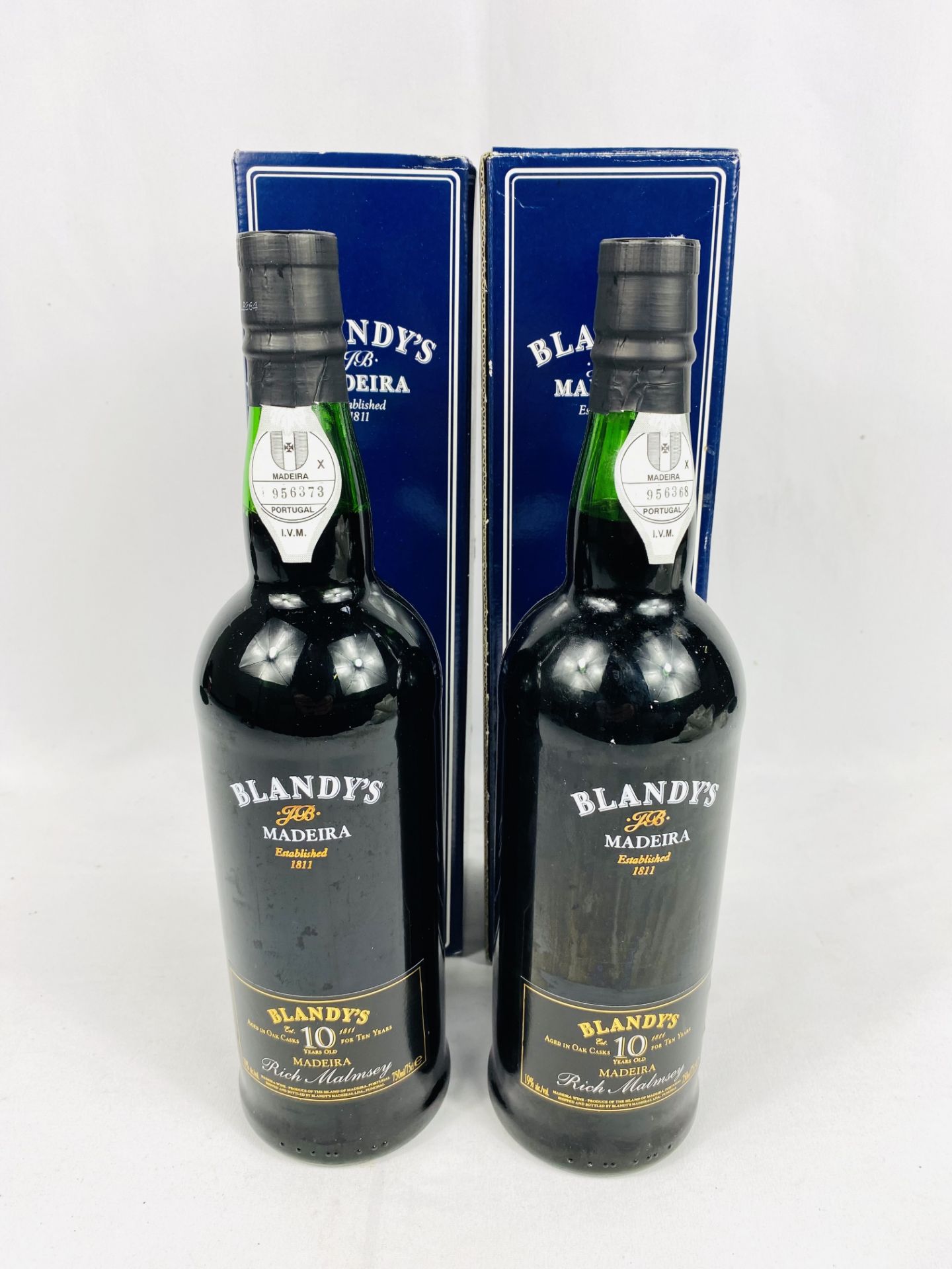 Two 75cl bottles of Blandy's Malmsey Madeira.