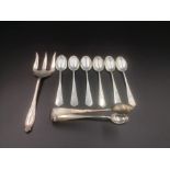 Set of six silver tea spoons, silver sugar tongs and fork