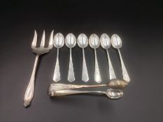 Set of six silver tea spoons, silver sugar tongs and fork