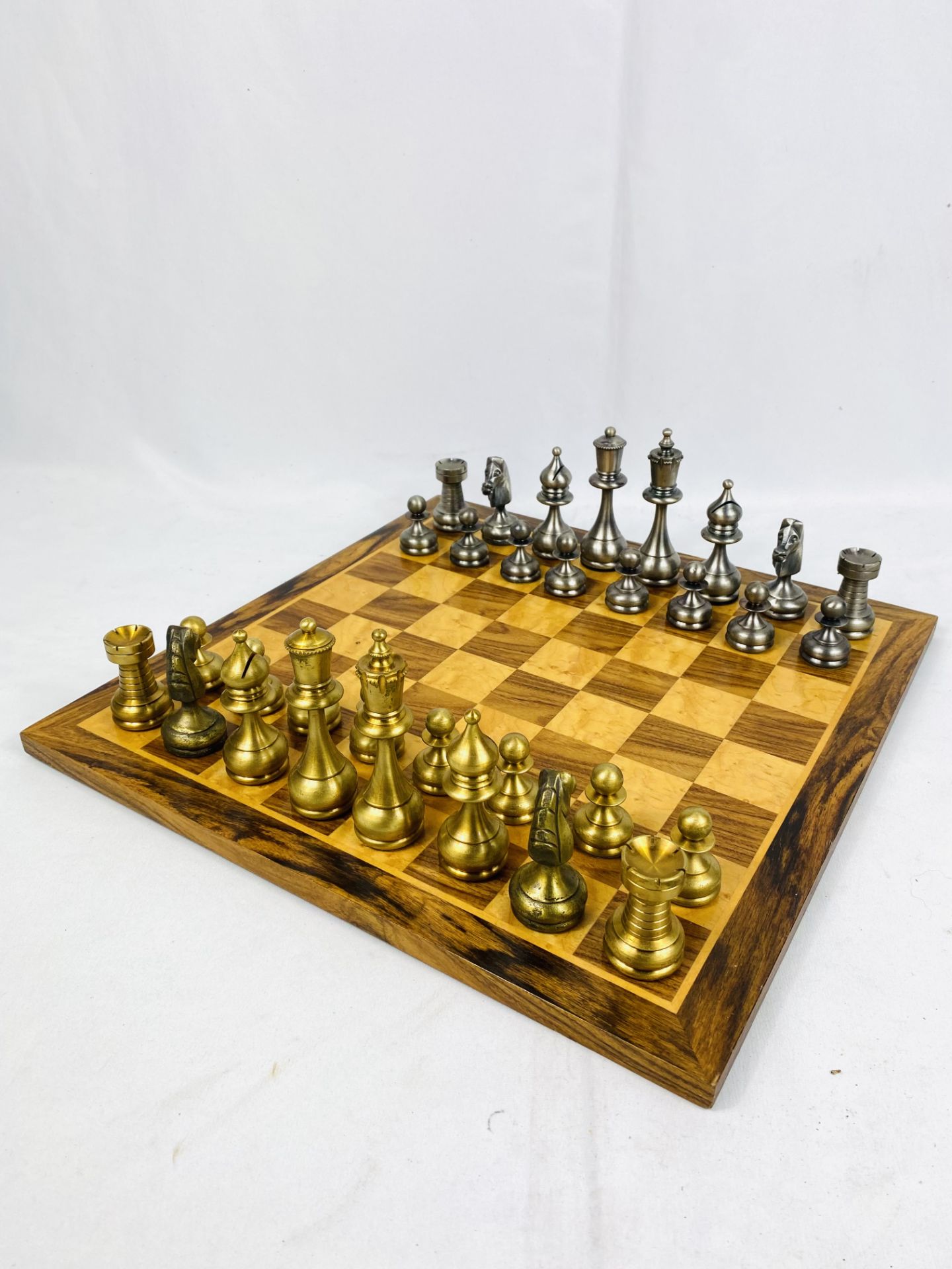 A metal chess set; a wood chess set, and wood chess board - Image 2 of 5