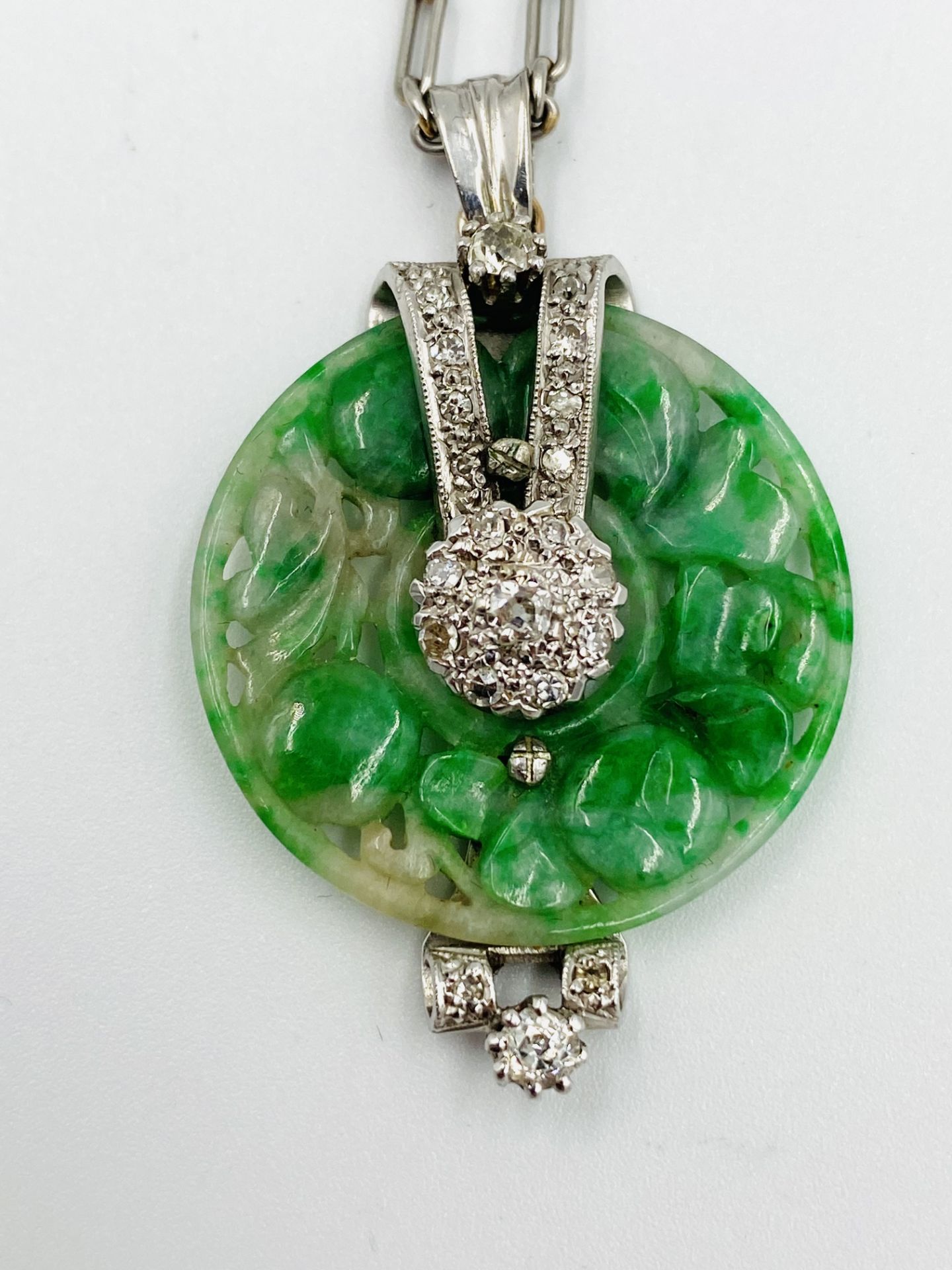 1930's jade and diamond pendant on platinum chain - Image 2 of 6