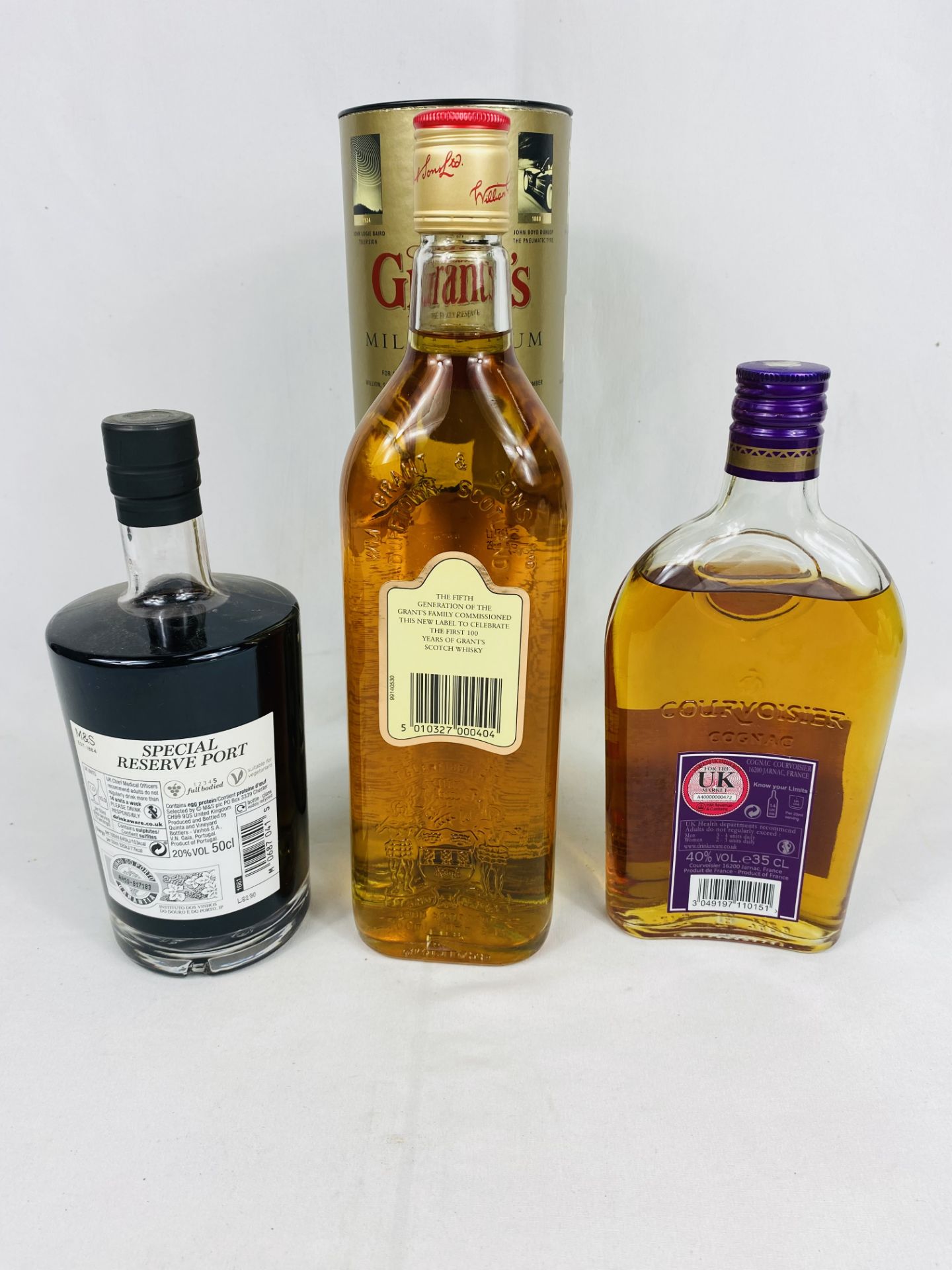 Bottle of Grant's Scotch whisky, bottle of Courvoisier brandy and a bottle of port - Image 2 of 2