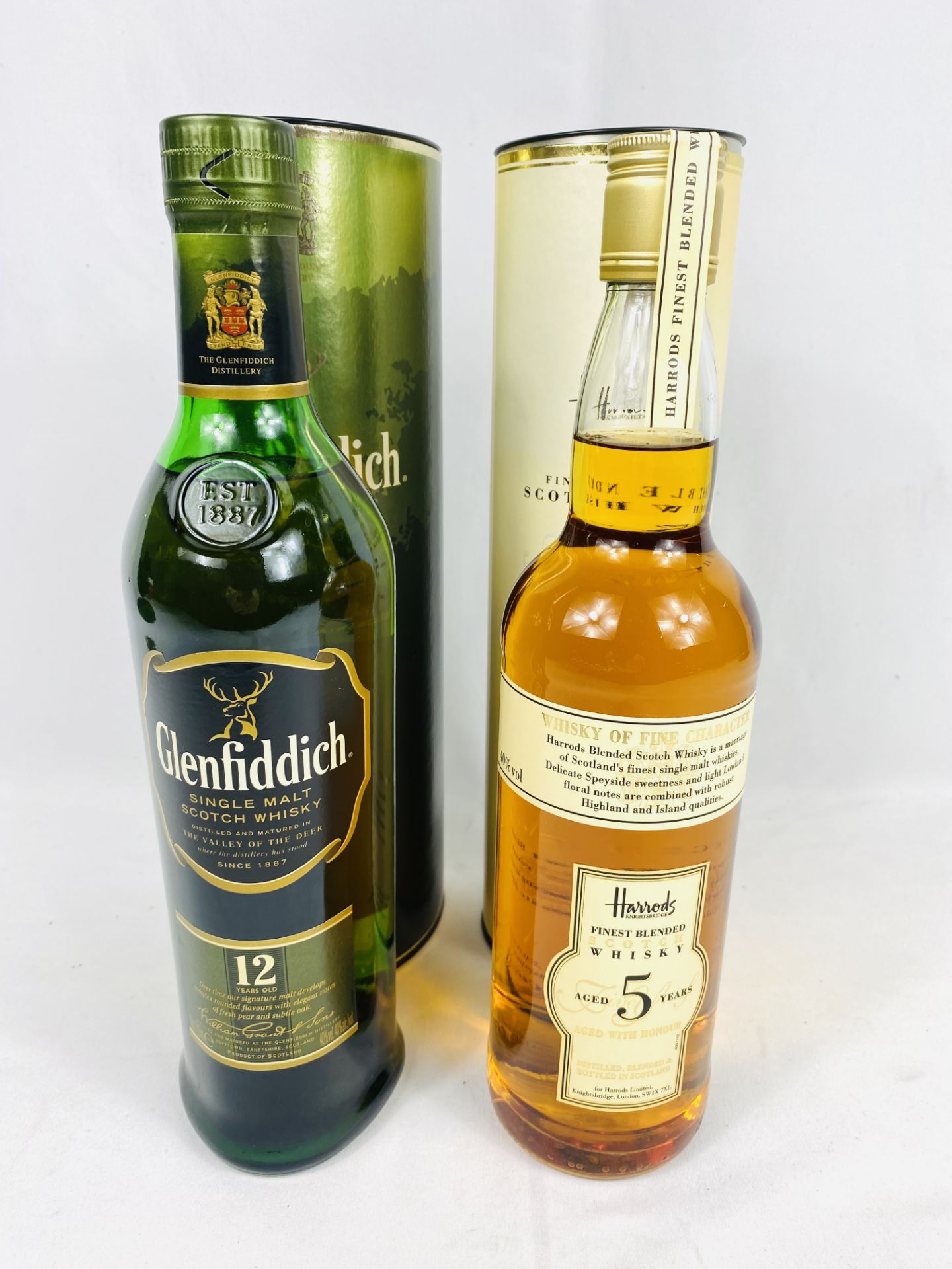 70cl bottle of Glenfiddich Scotch whisky; together with a bottle of Harrods finest blended whisky