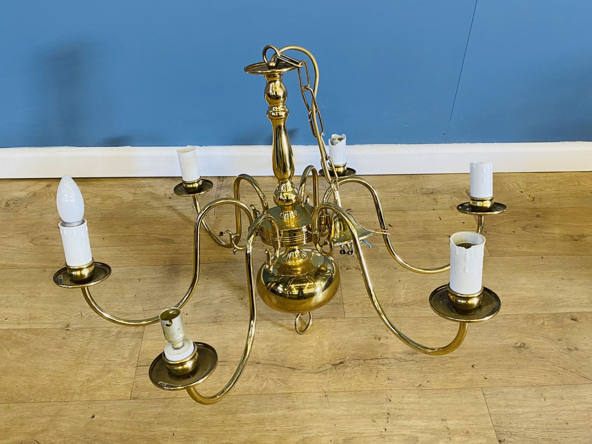 Brass six branch chandelier - Image 2 of 3