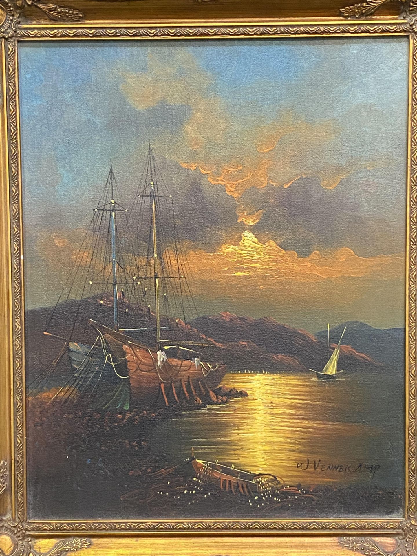 Framed and glazed oil on board of a ship - Image 2 of 3