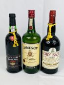 1L bottle of Jameson whisky, a bottle of port and a bottle of sherry