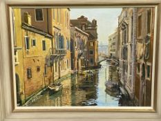 Margaret Glass, framed oil on board of a Venetian canal