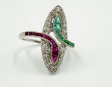 French 18ct white gold, emerald, ruby and diamond snake ring