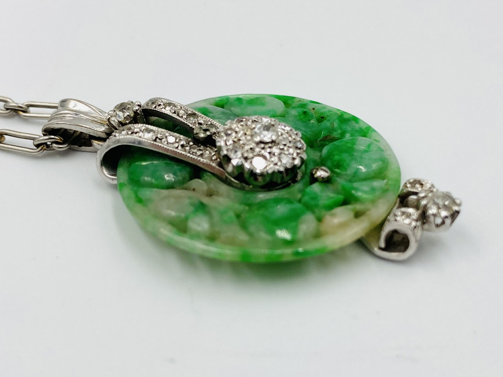 1930's jade and diamond pendant on platinum chain - Image 3 of 6