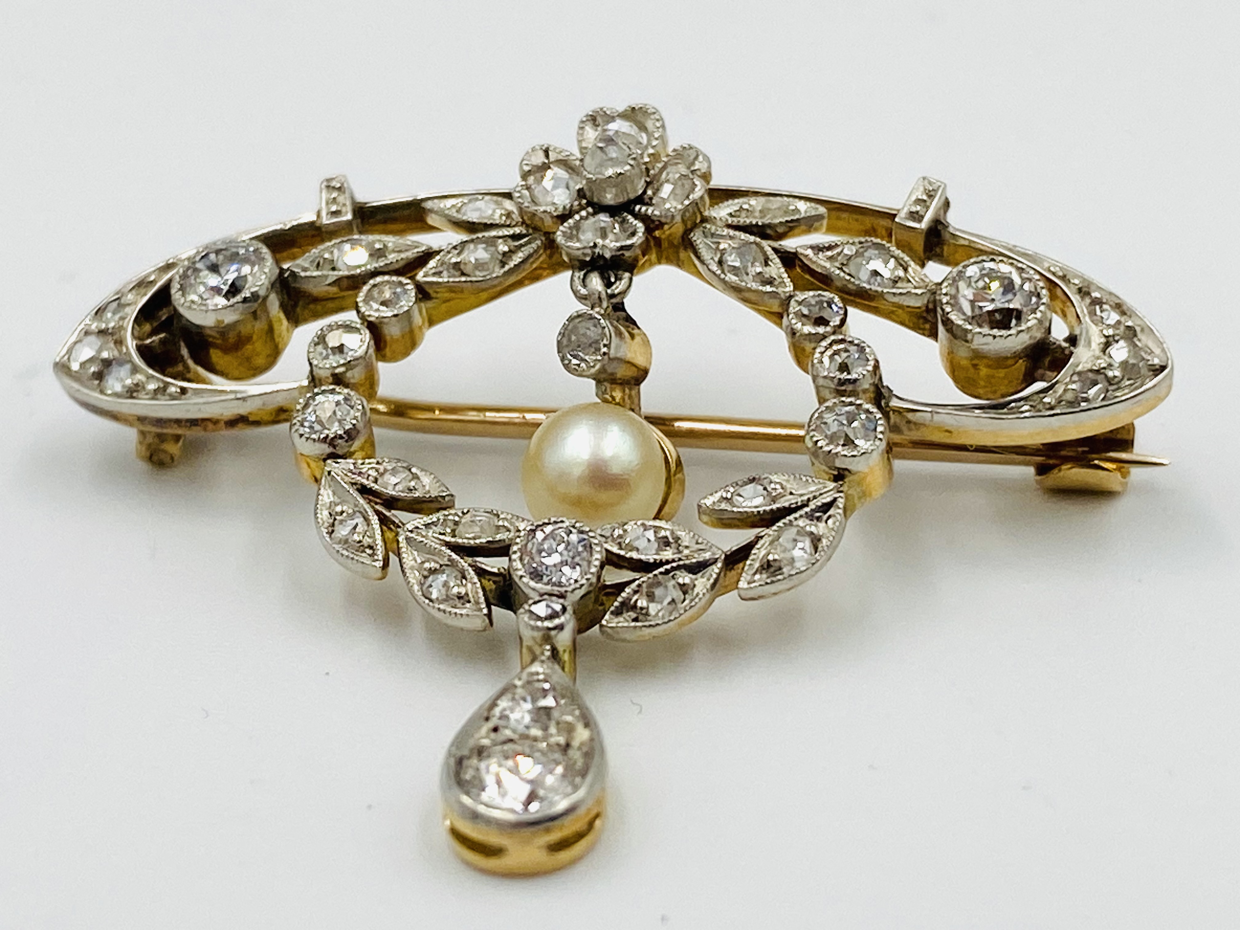 Early 20th century diamond brooch with pearl drop - Image 3 of 4