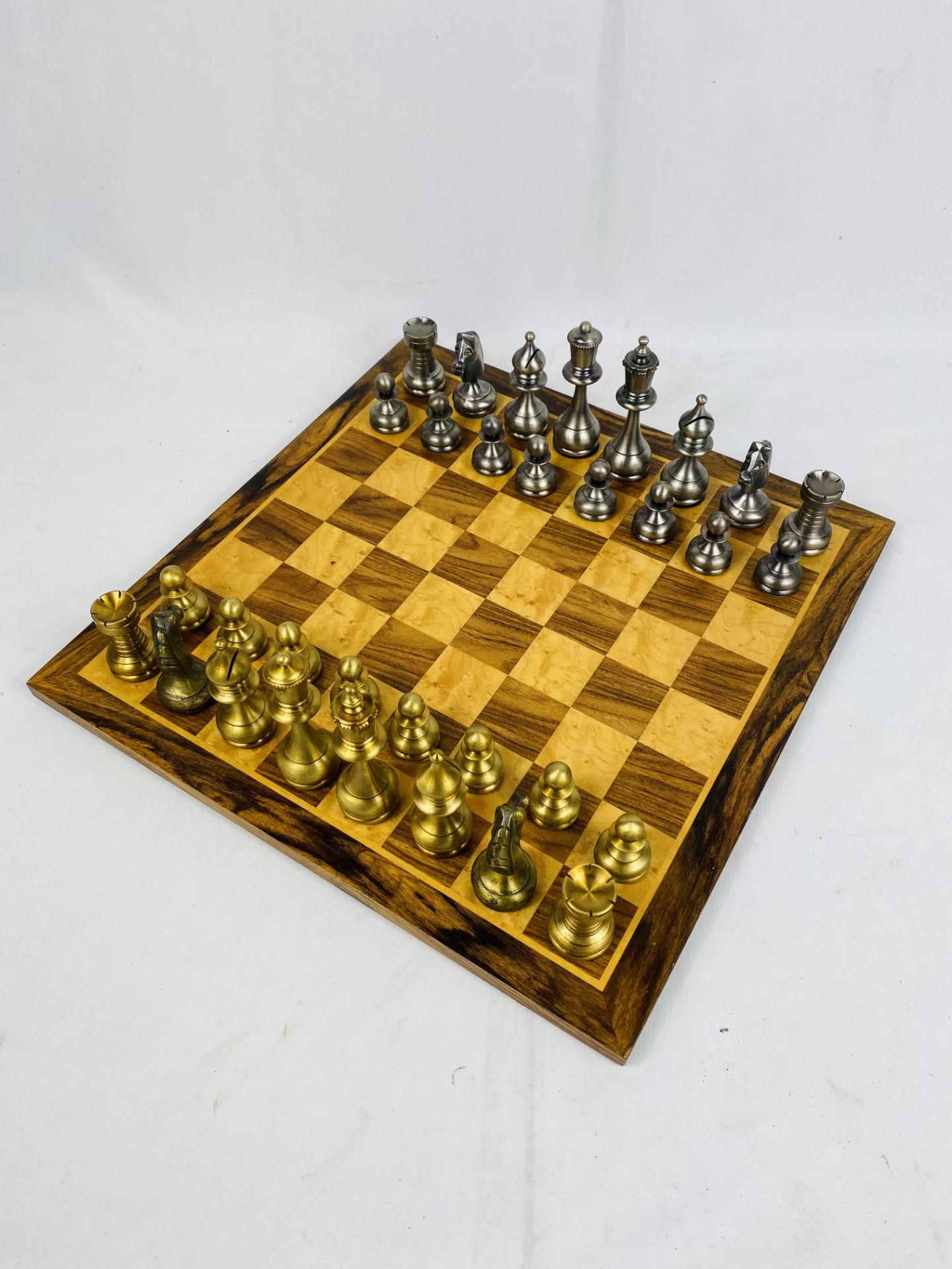 A metal chess set; a wood chess set, and wood chess board - Image 3 of 5