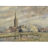 Framed and glazed watercolour of Salisbury cathedral