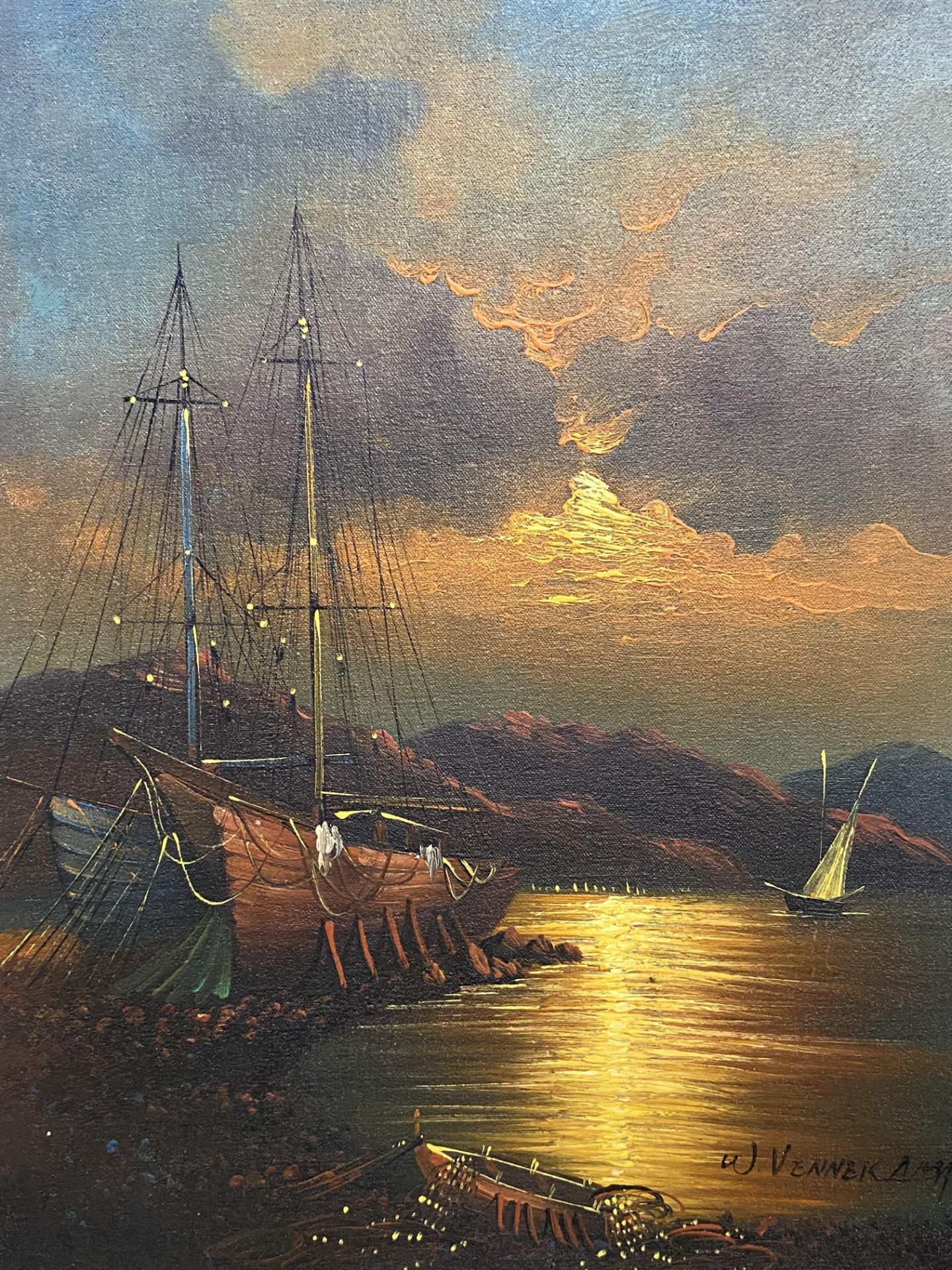 Framed and glazed oil on board of a ship