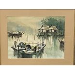 Framed and glazed watercolour of a river scene signed A.B. Abrahm