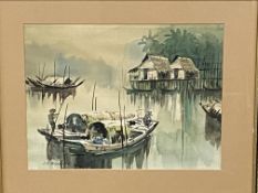 Framed and glazed watercolour of a river scene signed A.B. Abrahm