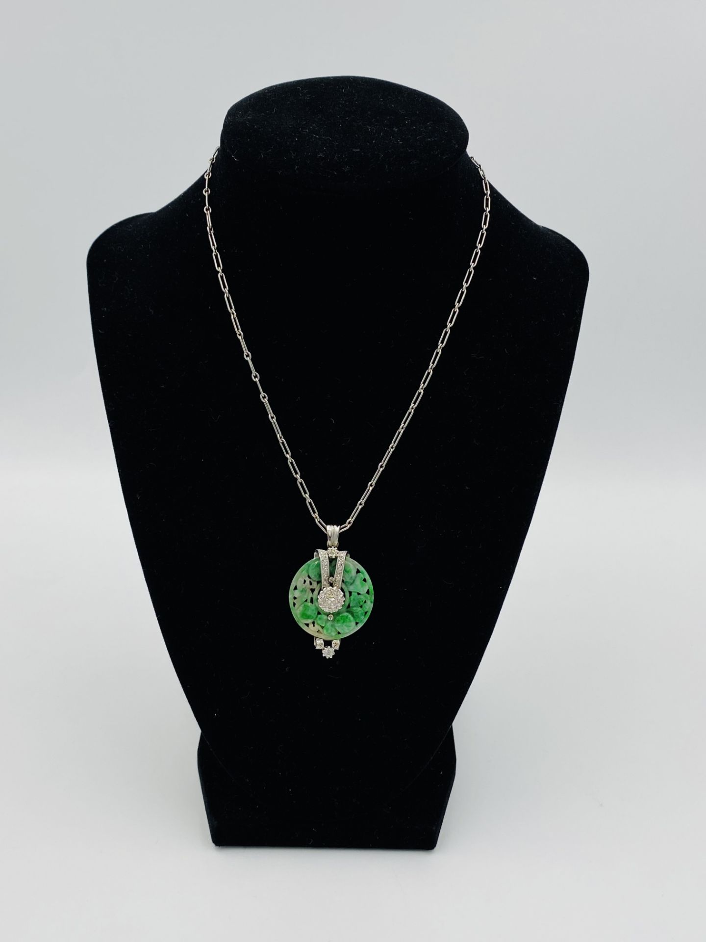 1930's jade and diamond pendant on platinum chain - Image 6 of 6