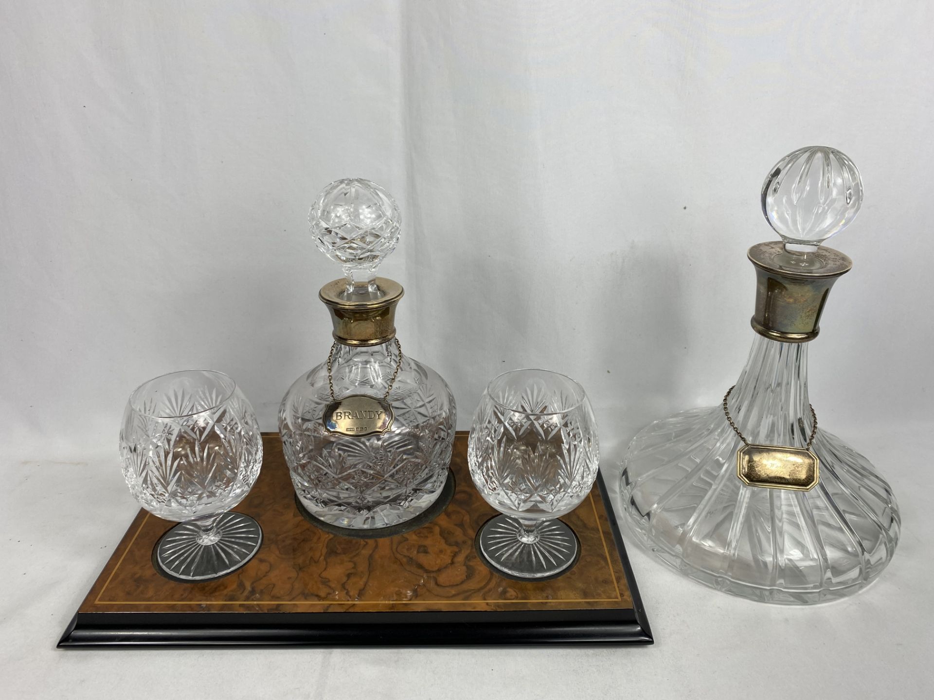 Contemporary cut glass brandy decanter and glass set, together with a decanter with a silver collar - Image 2 of 5