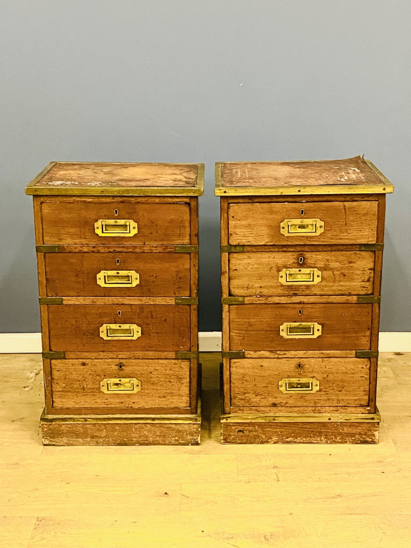 Pair of campaign style bedroom cabinets. From the Estate of Dame Mary Quant