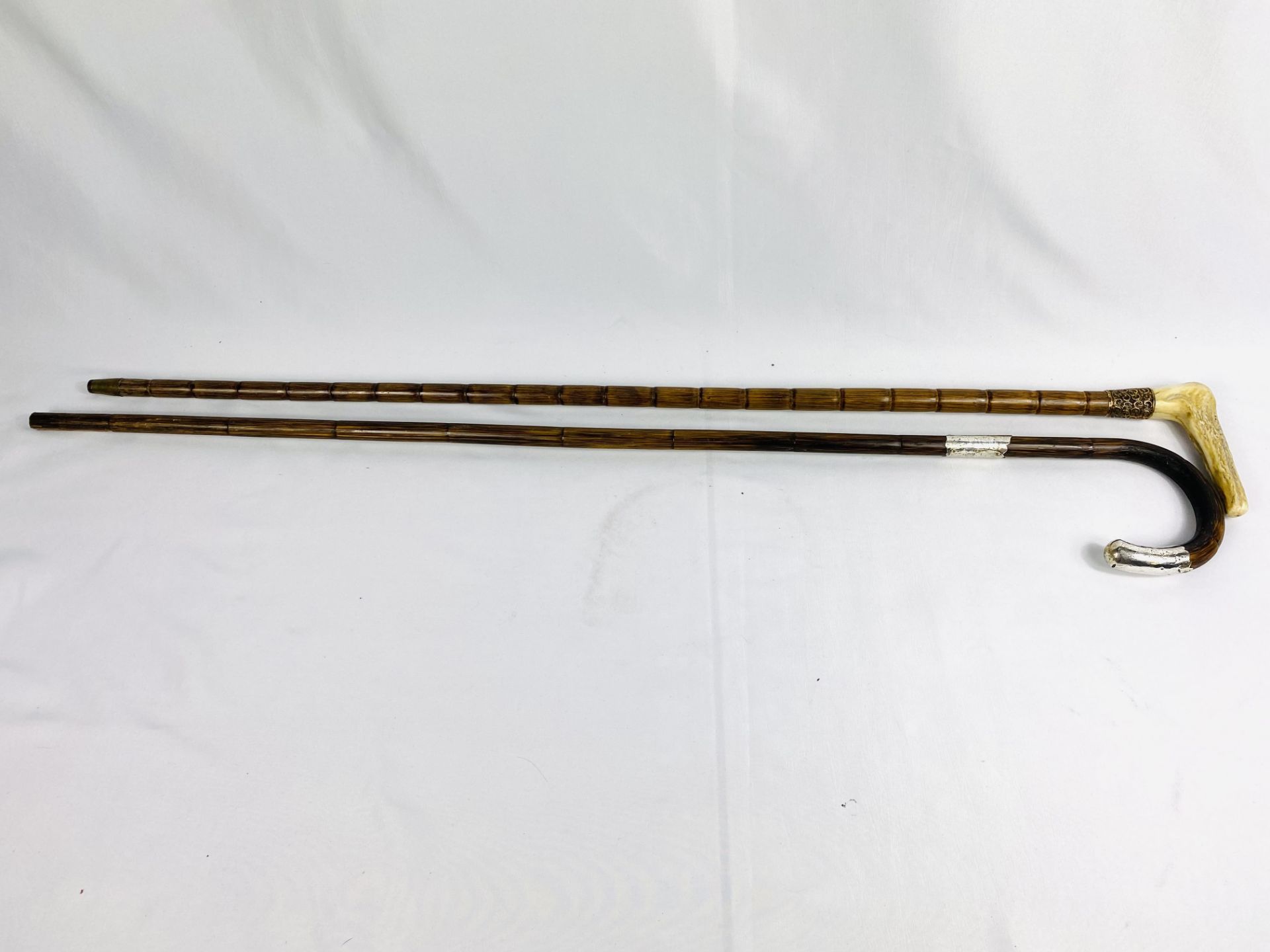 Silver tipped cane together with a cane with yellow metal ferrule