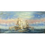 Framed oil on canvas of a naval battle