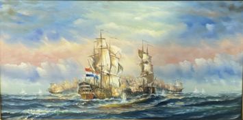 Framed oil on canvas of a naval battle