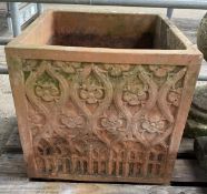 Terracotta planter with foliate decoration to sides. From the Estate of Dame Mary Quant