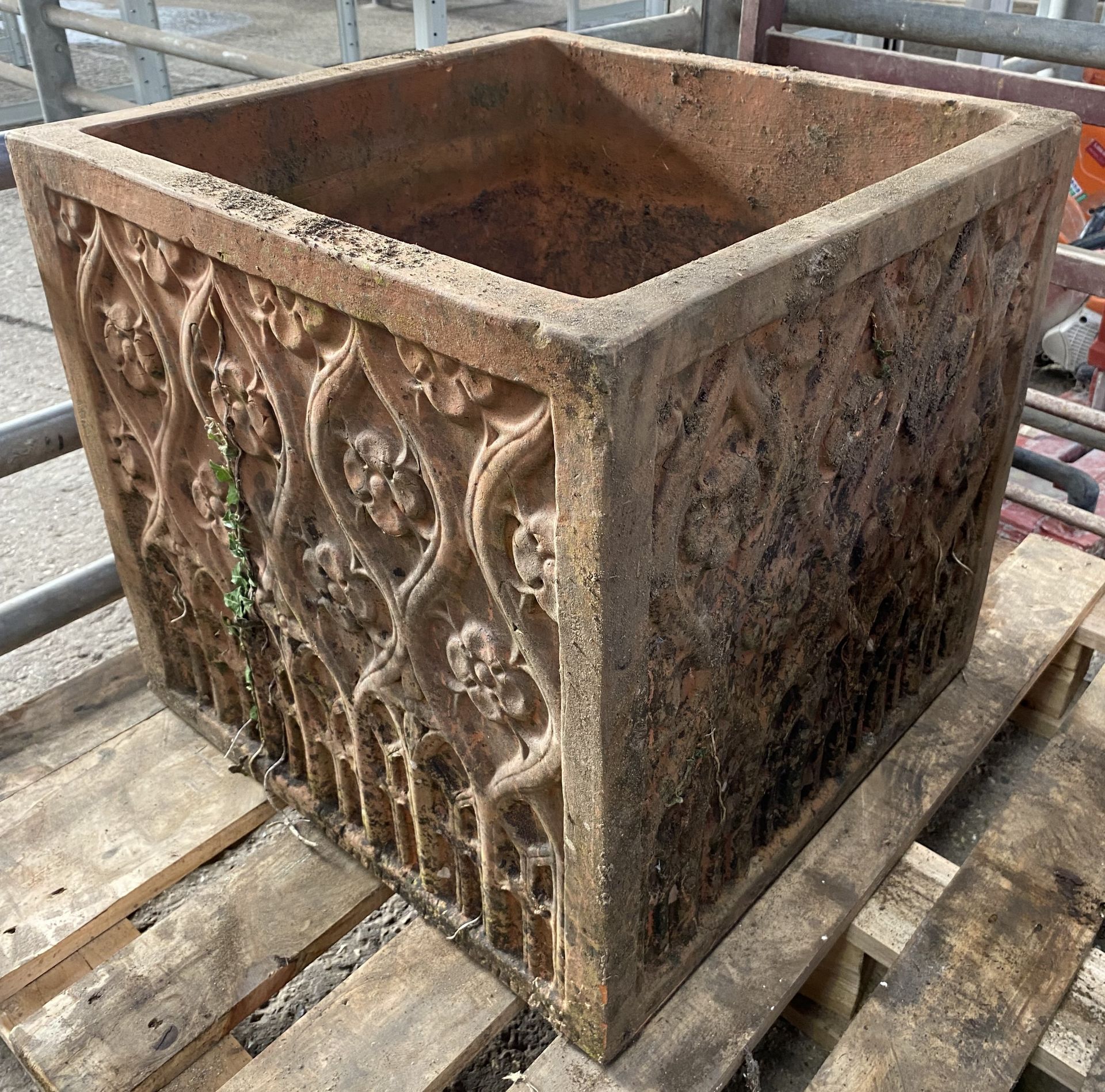 Terracotta planter with foliate decoration to sides. From the Estate of Dame Mary Quant - Image 4 of 4