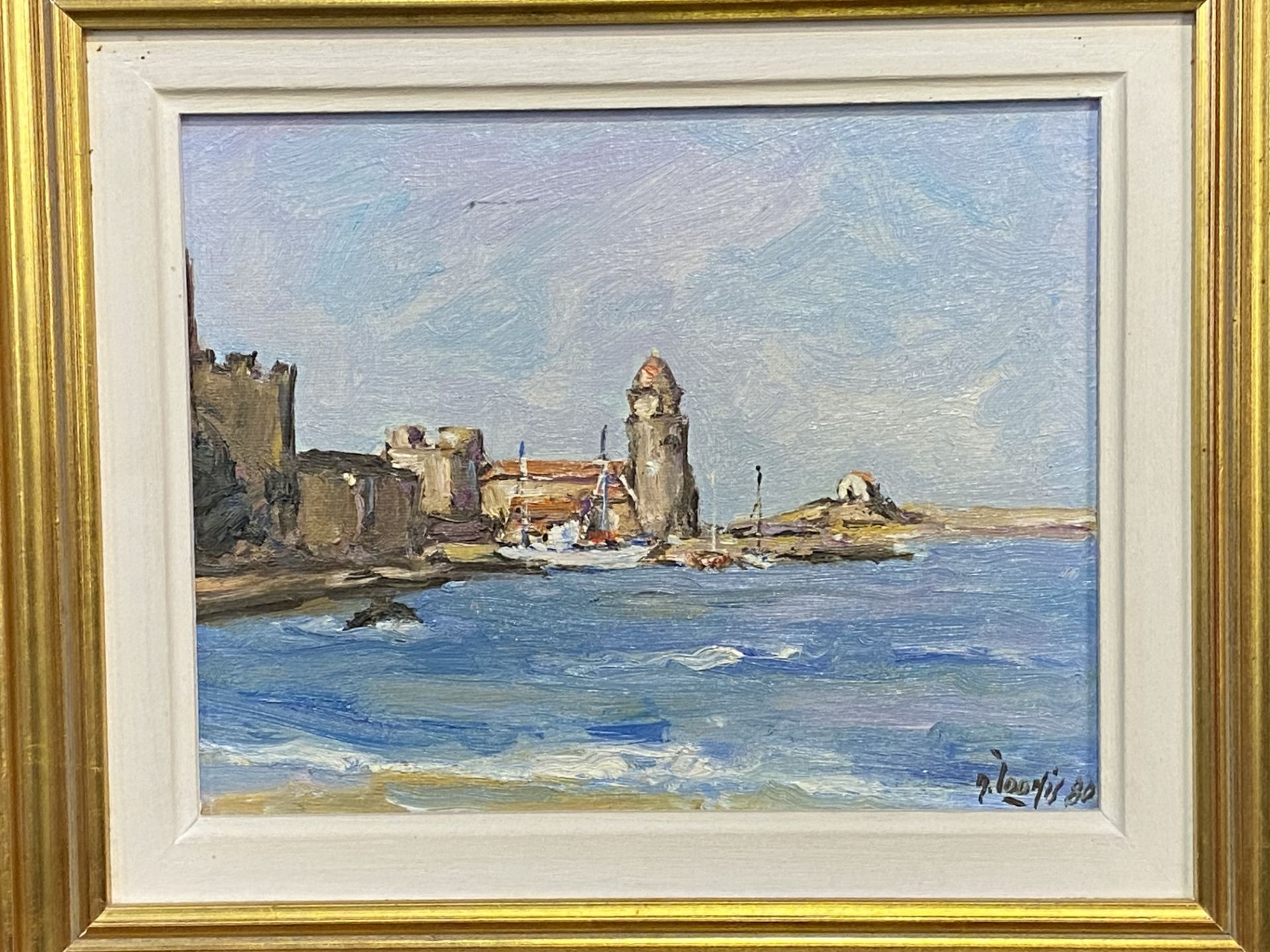 Framed oil on canvas of a harbour - Image 2 of 4