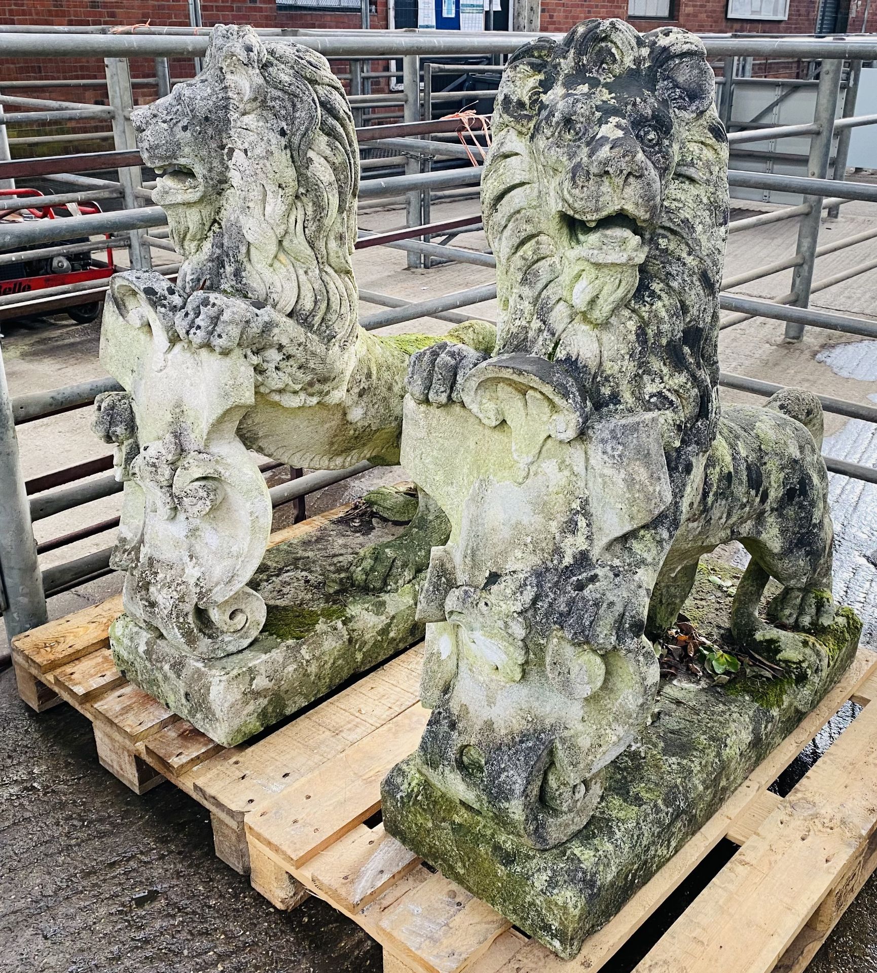 Pair of cast stone rearing lions. From the Estate of Dame Mary Quant - Image 5 of 11