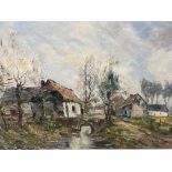 Framed oil on canvas of a village in winter, signed L Van Crans