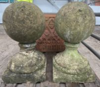 Two cast stone balls on plinths. From the Estate of Dame Mary Quant