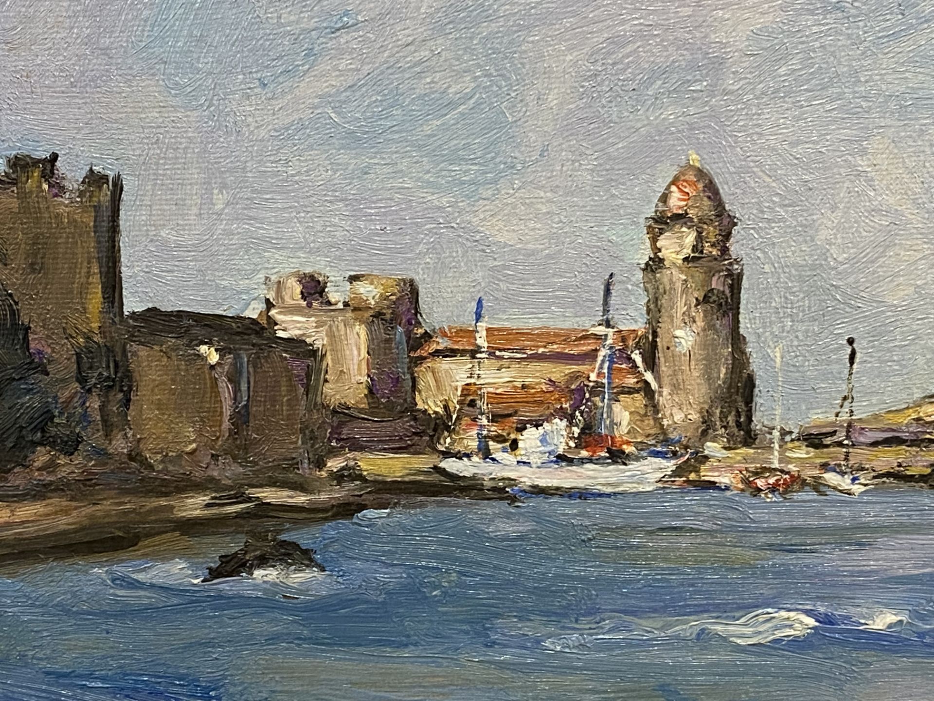 Framed oil on canvas of a harbour - Image 3 of 4