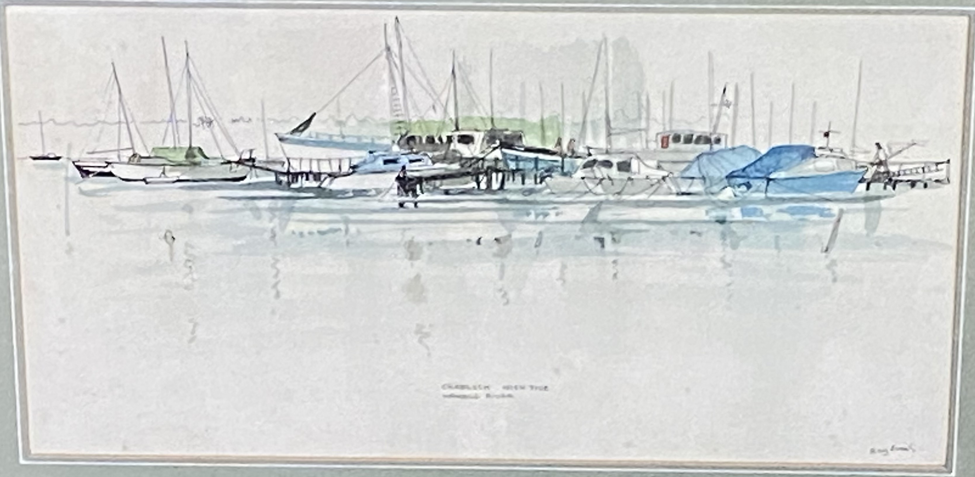 Framed and glazed watercolour titled Crableck High Tide, signed Ray Evans,