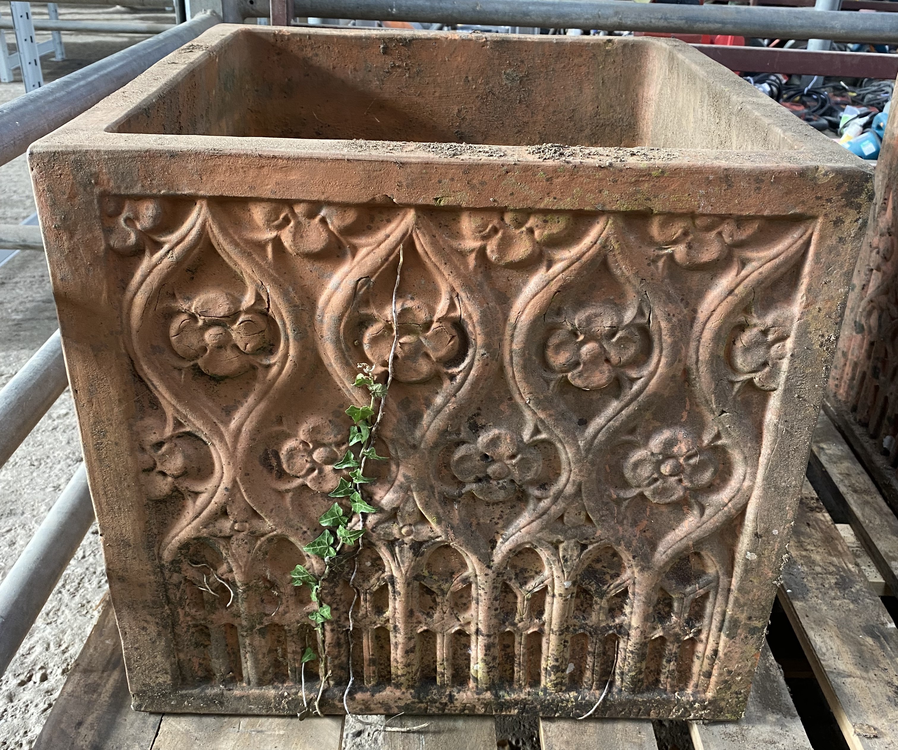 Terracotta planter with foliate decoration to sides. From the Estate of Dame Mary Quant - Image 3 of 4