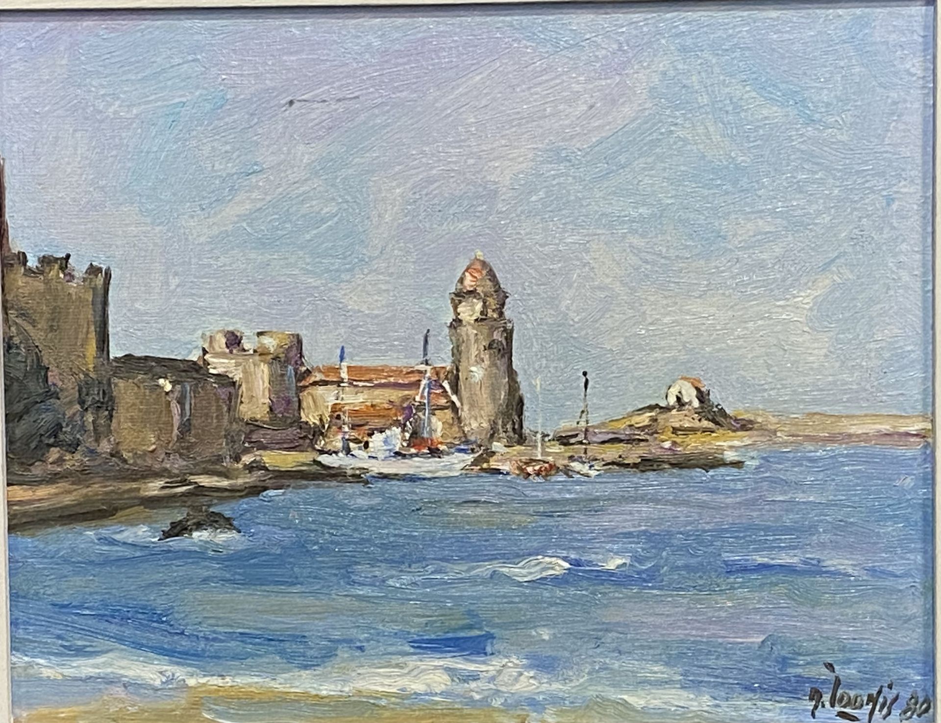 Framed oil on canvas of a harbour