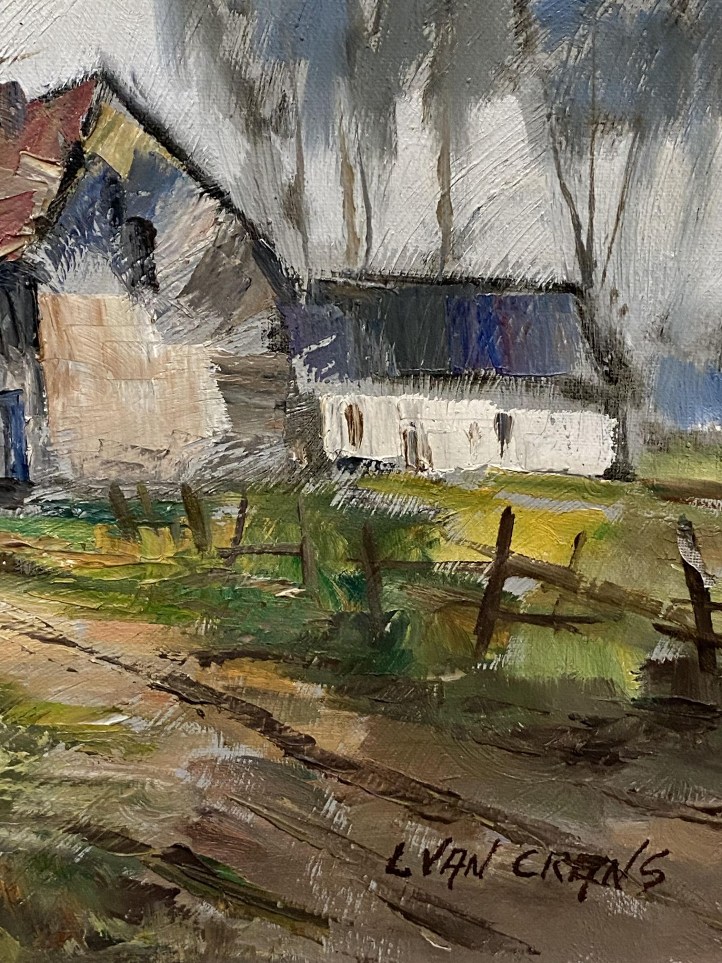 Framed oil on canvas of a village in winter, signed L Van Crans - Image 4 of 4