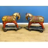 Two Middle Eastern wood horses on wheels. From the Estate of Dame Mary Quant