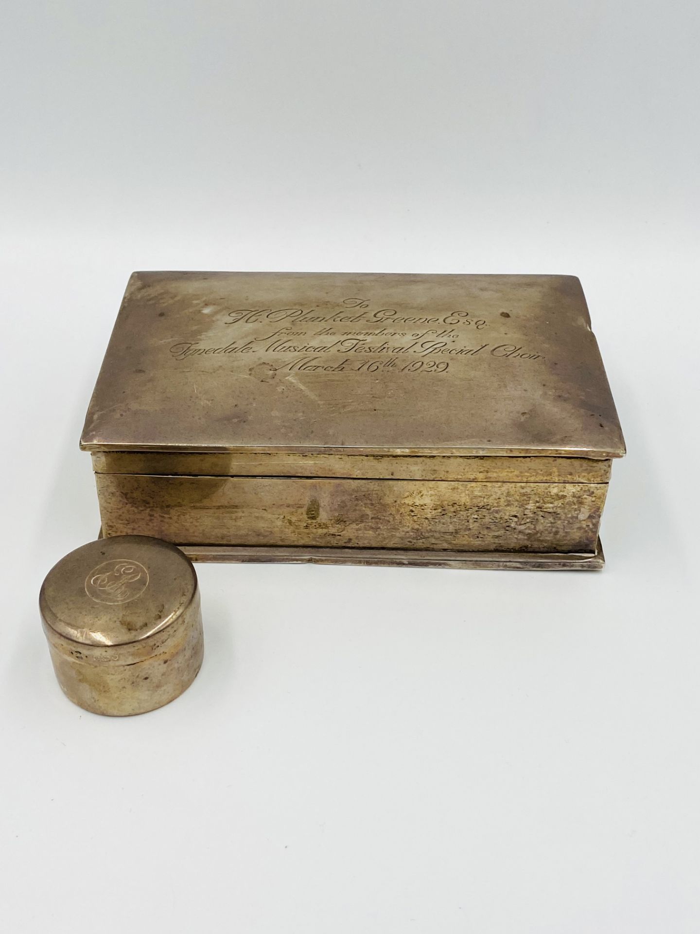 Silver cigarette box with inscription to lid, Birmingham 1927. From the Estate of Dame Mary Quant