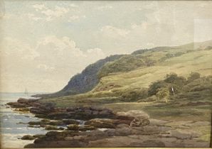 Framed and glazed watercolour of a coastland scene