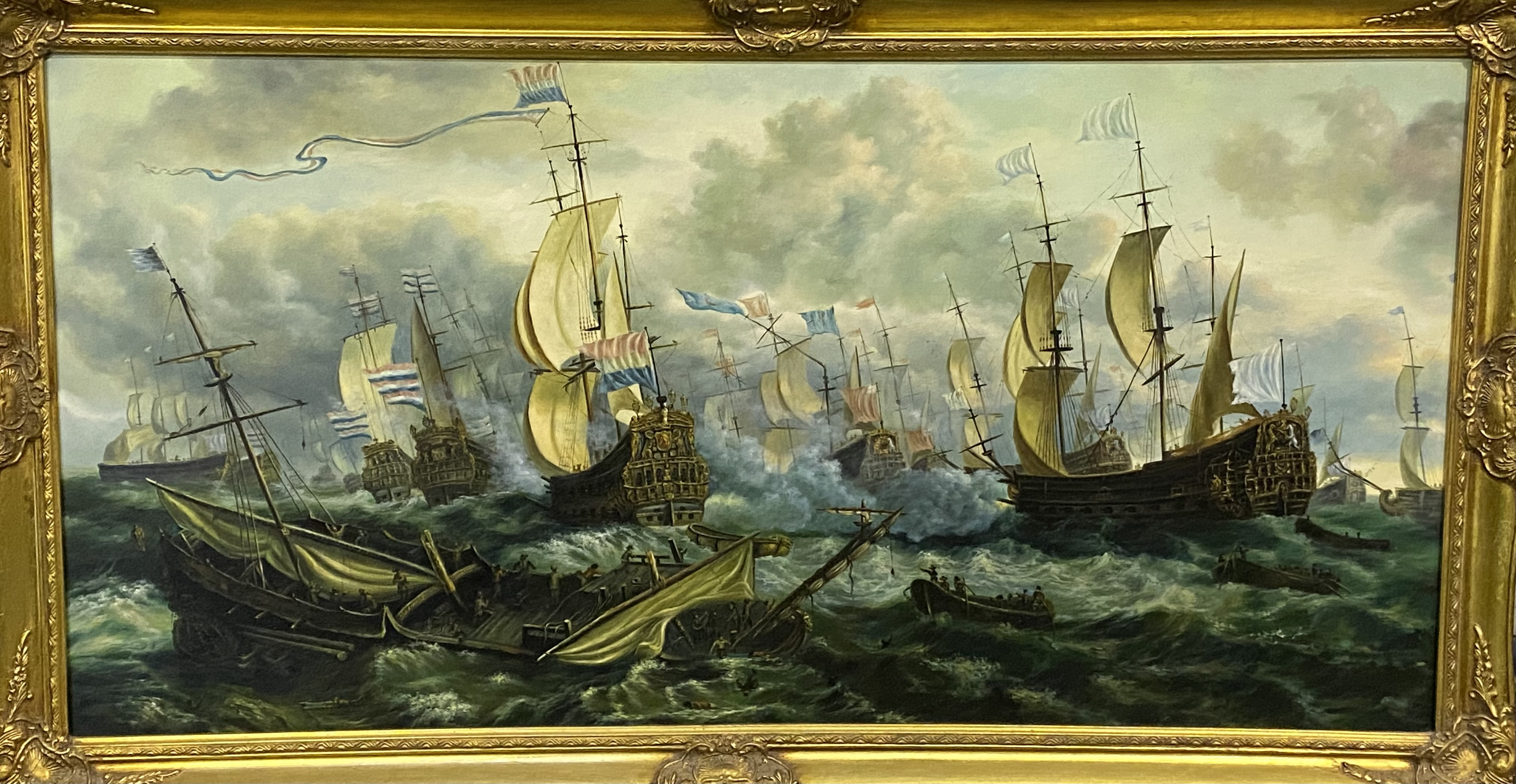 Framed oil on canvas of a naval battle - Image 2 of 3