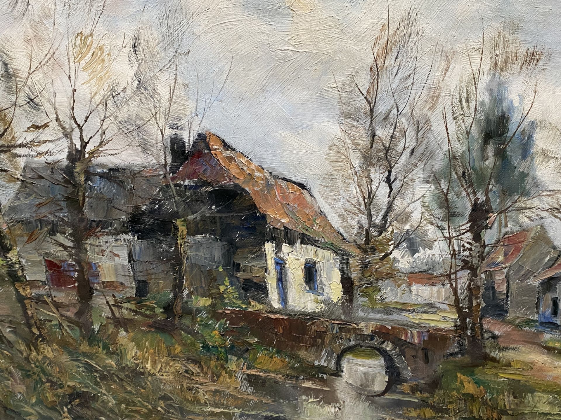 Framed oil on canvas of a village in winter, signed L Van Crans - Image 3 of 4