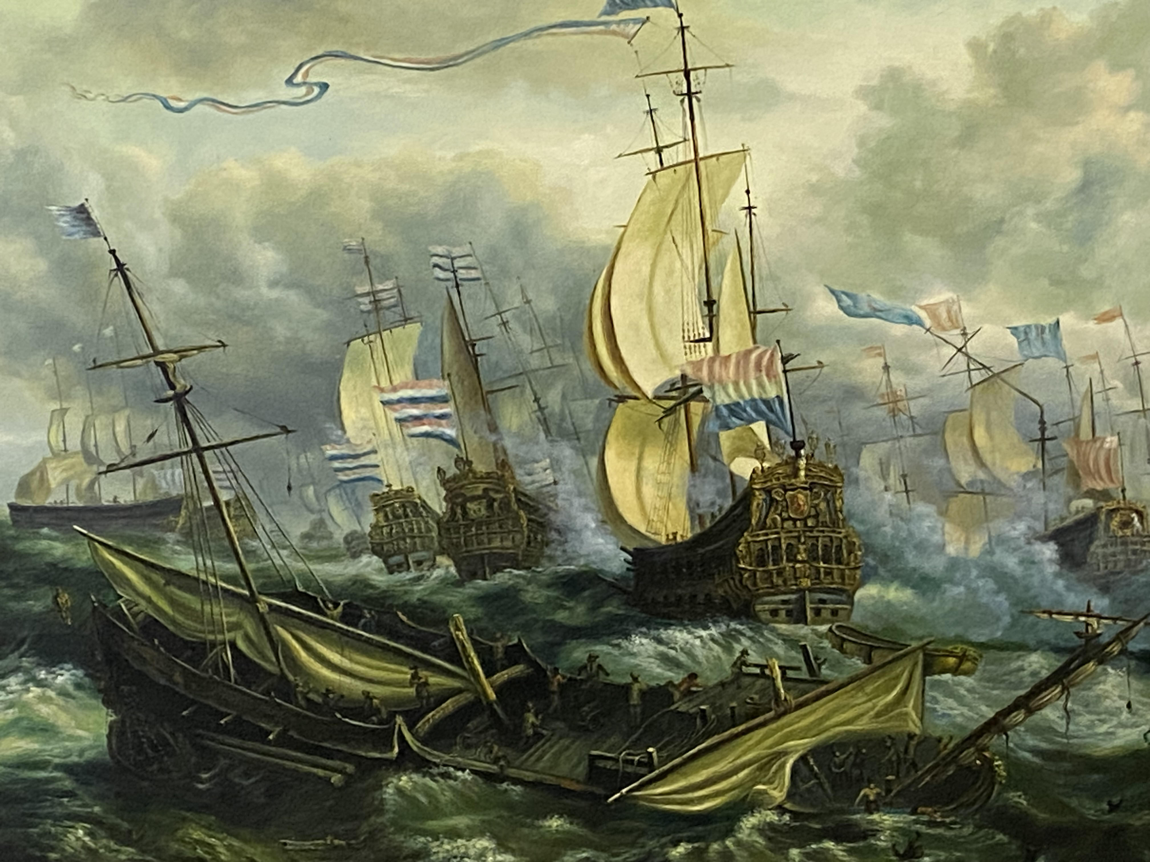 Framed oil on canvas of a naval battle - Image 3 of 3