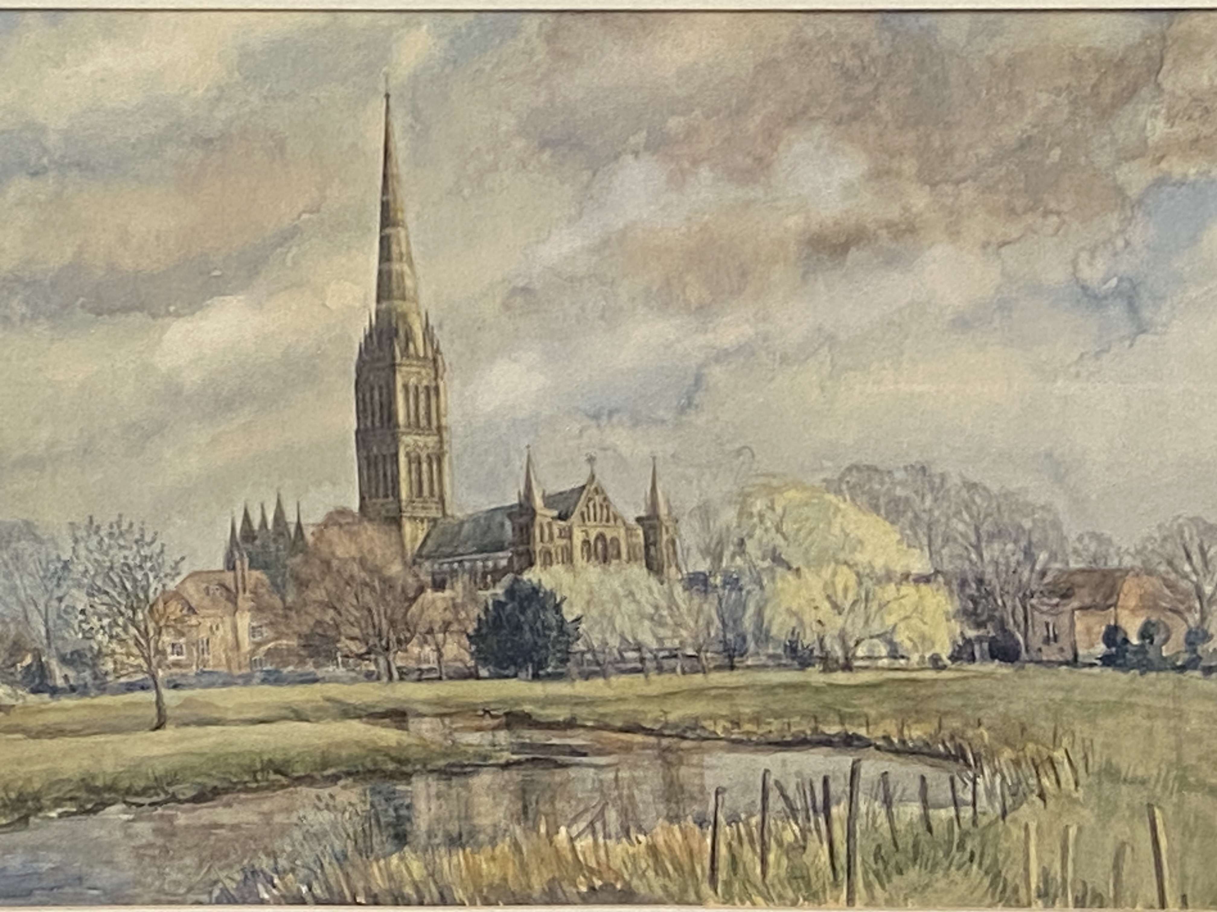 Framed and glazed watercolour of Salisbury cathedral