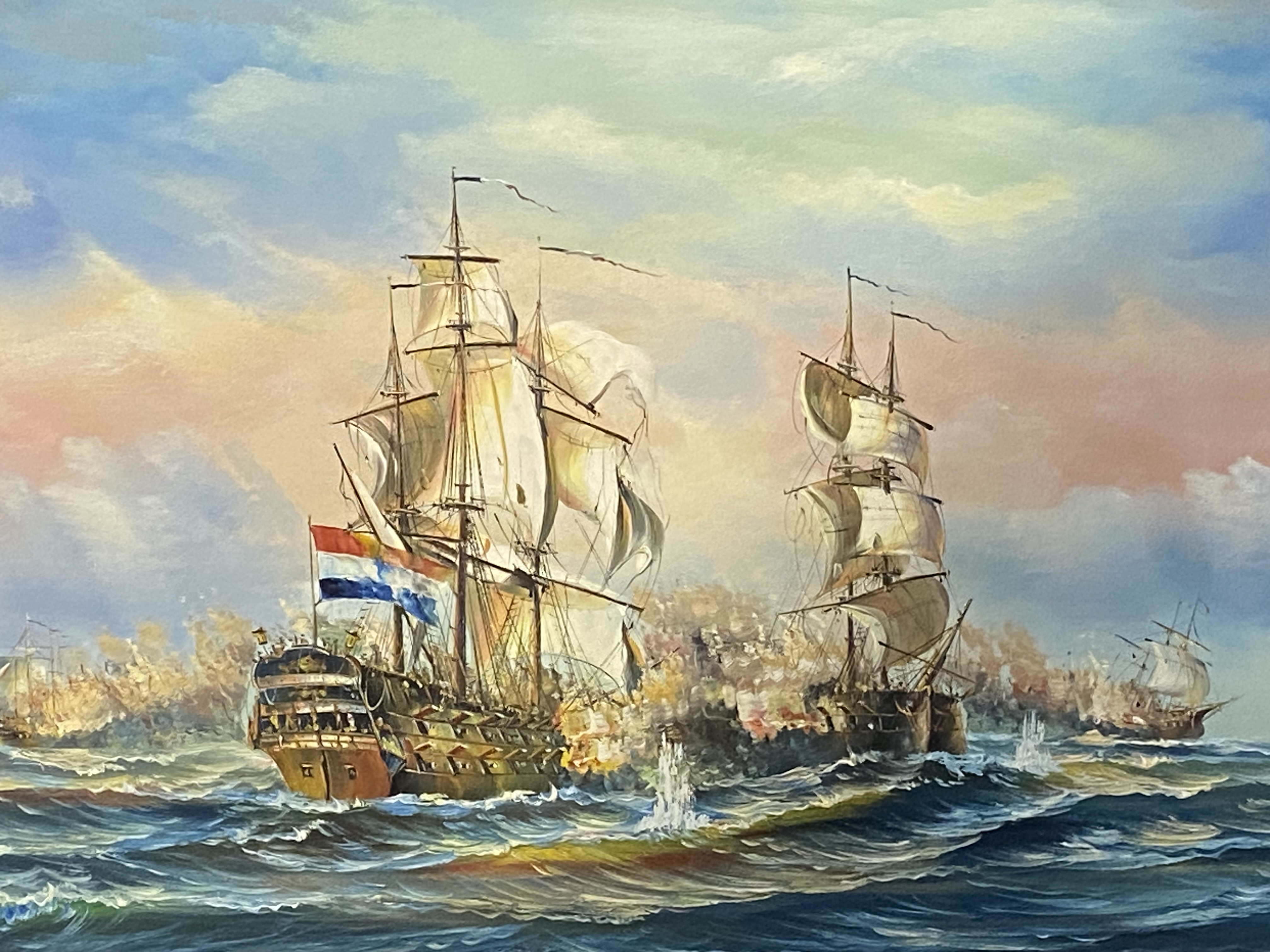 Framed oil on canvas of a naval battle - Image 4 of 4